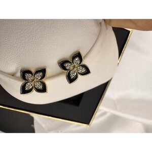Gold Tone Black Enamel Four Leaf Clover Flower Stud Earrings Pavé Crystal Center